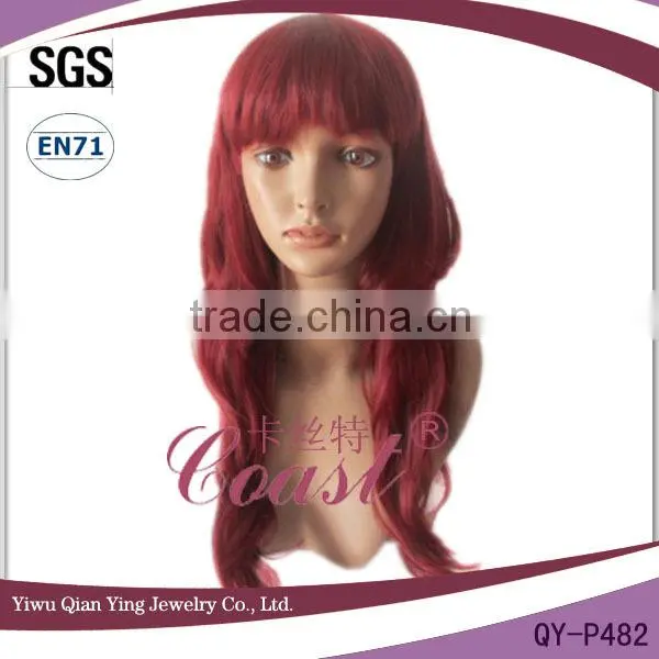 cheap long big curly burgundy synthetic hair party wigs