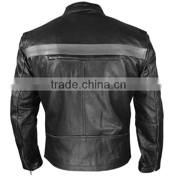 Motorbike Men's Grey Striped Black leather motorcycle jacket