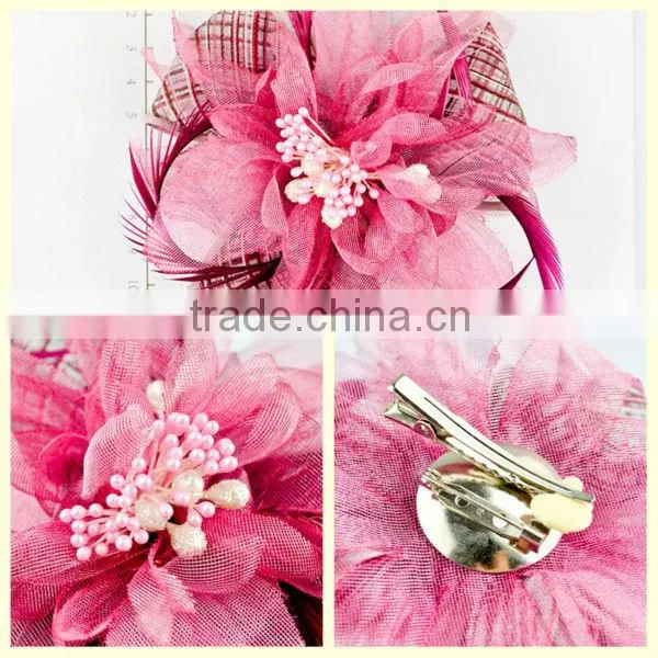 Women hair accessories China pink feather hair flower pins jewelry