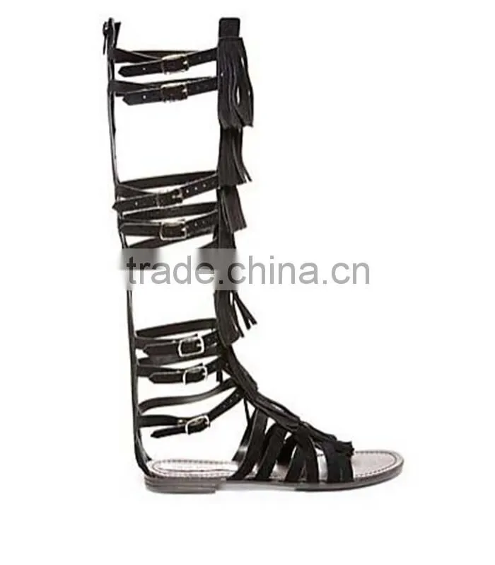 New Style Women Genuine Leather Gladiator Sandal Lace up Flat Knee High Sandal Boots