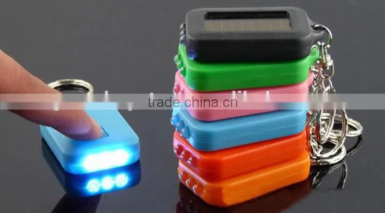 New Fashion Mixed Color Solar portable LED Light Keychain / Mini Flashlight Key Ring Survial Gadget 3 LED