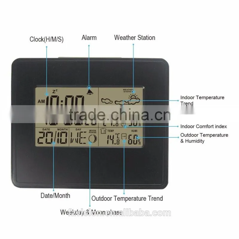 Automatic RCC weather station clock with blue backlight,Thermo-hygrometer Digital Weather Station Clock with 2 Sensors