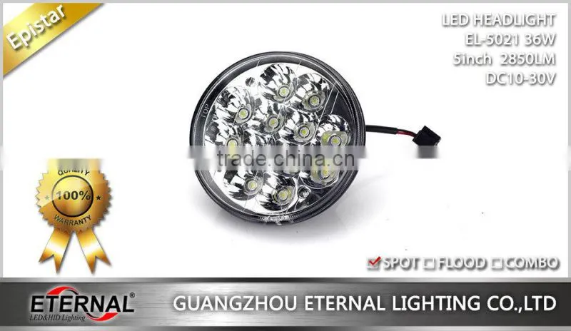 5" 36W LED Round HeadLight Replacement sealed beam with H4 plug for Jeep, trucks, atv, off road