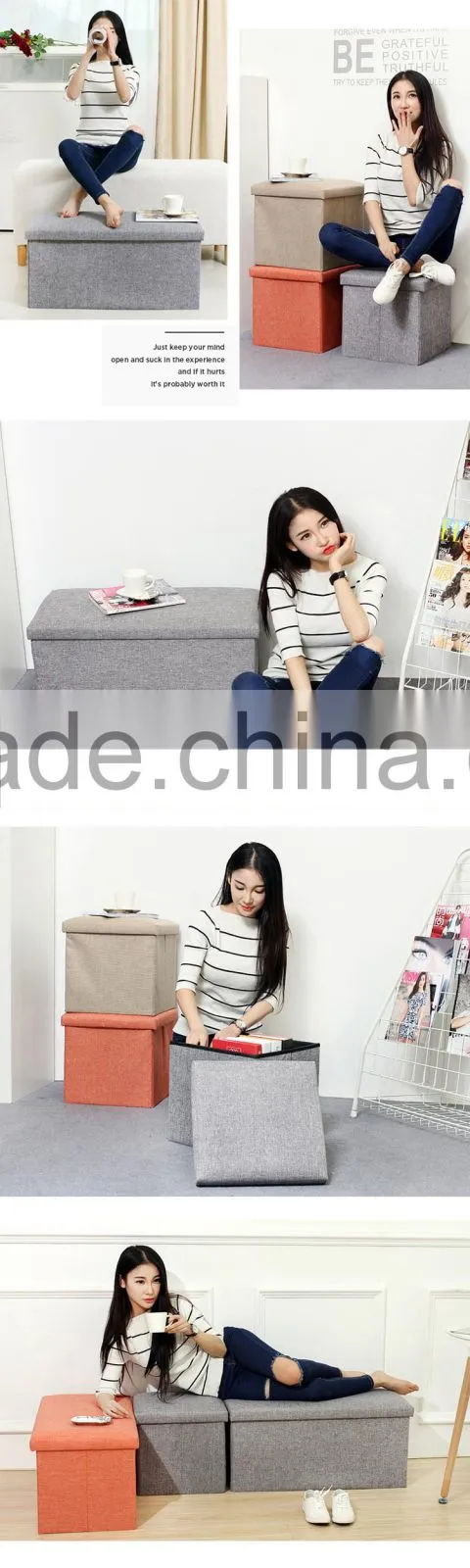 White square linen Folding Seat Foot Stool Storage Box