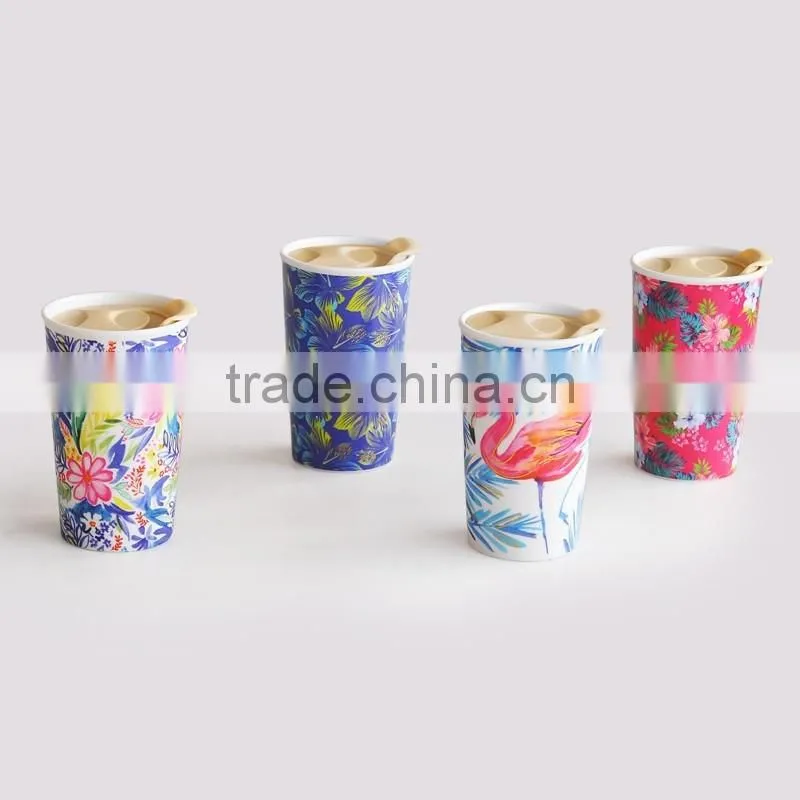 double wall mug with lid,ceramic double wall travel mug with gold decal,ceramic travel mug with lid and printing