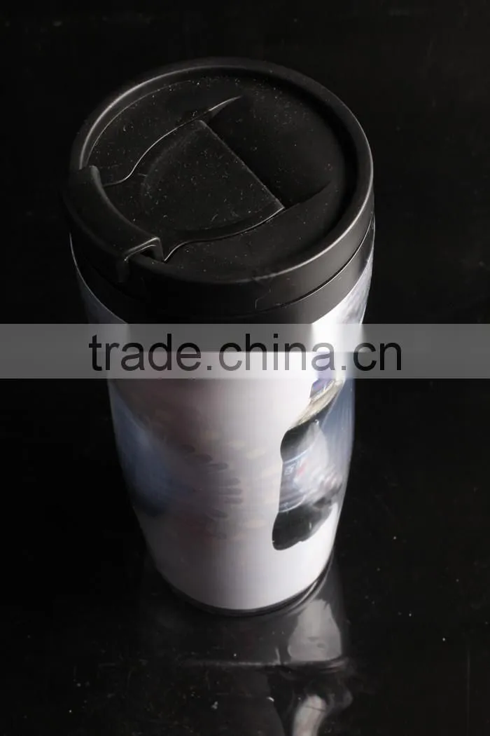 plastic travel mug with paper inserted/advertising mug