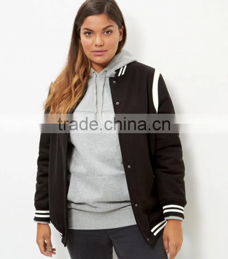 Plus Size Clothing Manufacturer Wholesale Black Stripe Trim Bomber Varsity jacket Plus Size