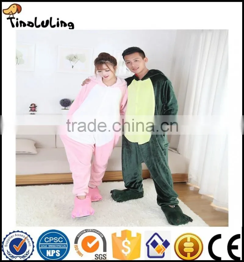 Autumn Winter Flannel Lovers Couples Animal Pajamas One Piece Cartoon Sleepwear Halloween Pink/Green Dinosaur Cosplay Pajama