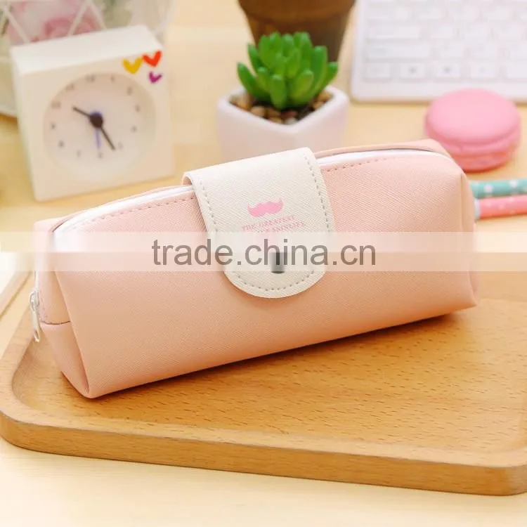 Promotional cheap pure color beard printed PU canvas stationery pocket button pencil bag