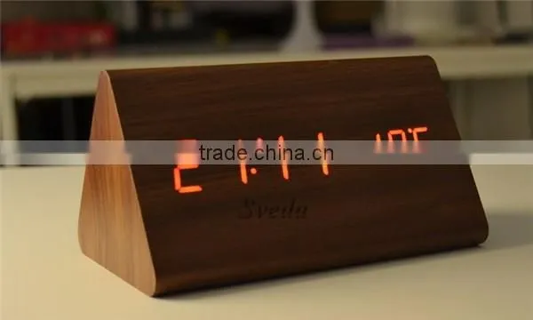 (Crazy Hot Selling)Wholesale Digital Wooden LED Alarm Clock,Wooden Table Clock,sound control Alarm Clock,Triangle wooden clock