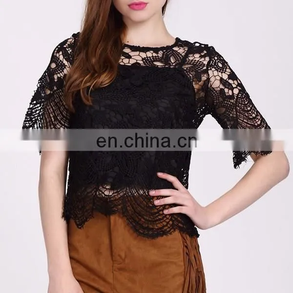 2016 Black Lace Ladies Fashion Tops And Blouses For Women