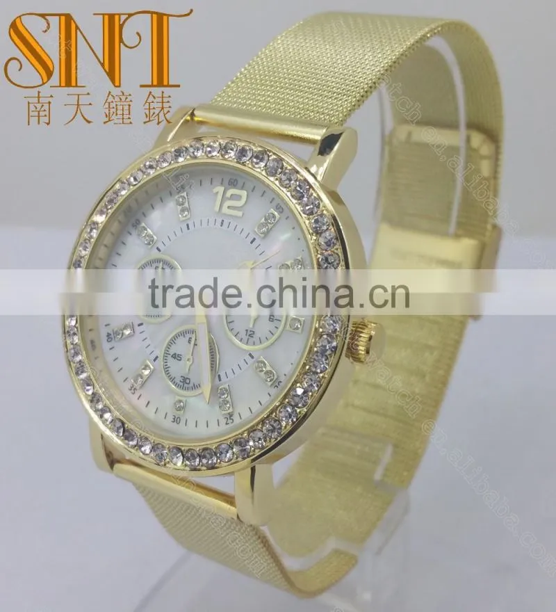 SNT-0027 fashion gold alloy watch with crystal stones and reticulate hand, high quality quartz watch