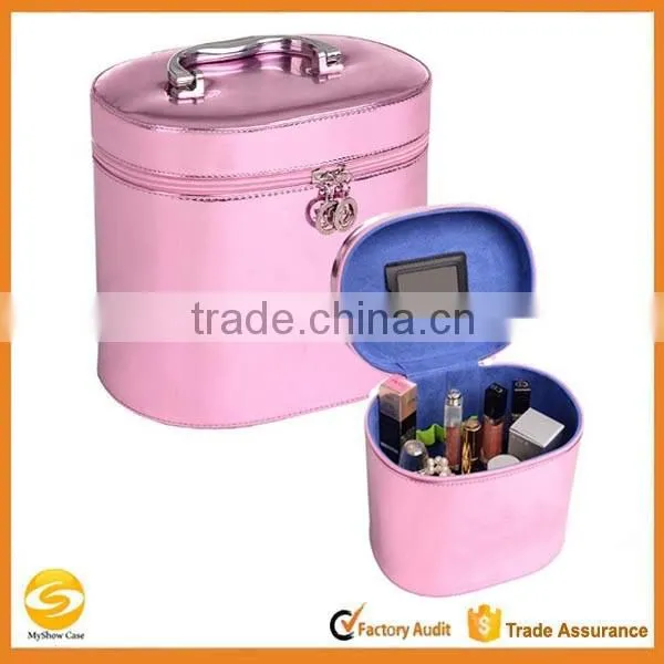 Custom leather travel cosmetic organizer artist train box,pink leather makeup vanity case,beauty travel carrying case