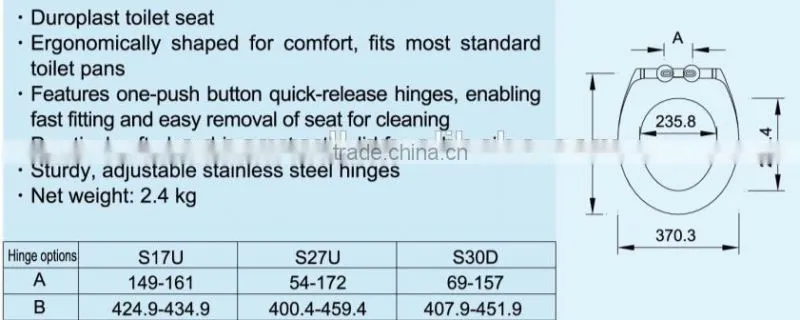 WC toilet seat cover with soft close and quick release with European standard size