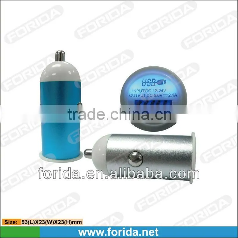 2.1A New appearance Aluminum usb car charger with light for smartphone and tablet