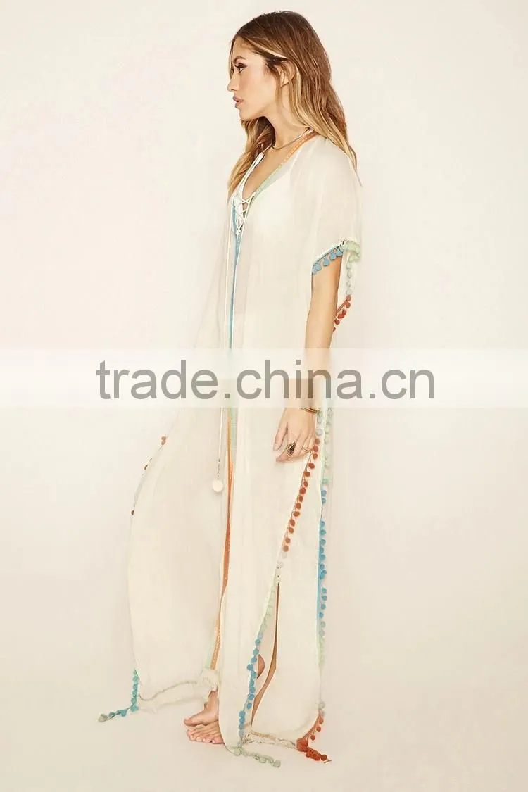 2016 New Style V neck Long Dress Europe Pom-Trim Dress For Women