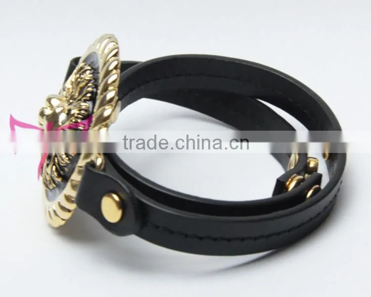 Gold/Black Lion head leather Button Bracelet