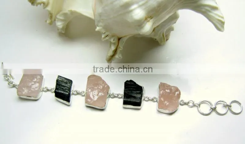 Rose Quartz & Tourmaline Multi Stone Rough Bracelet, 925 Solid Sterling Silver Bracelet, Designer Gemstone Raw Bracelet