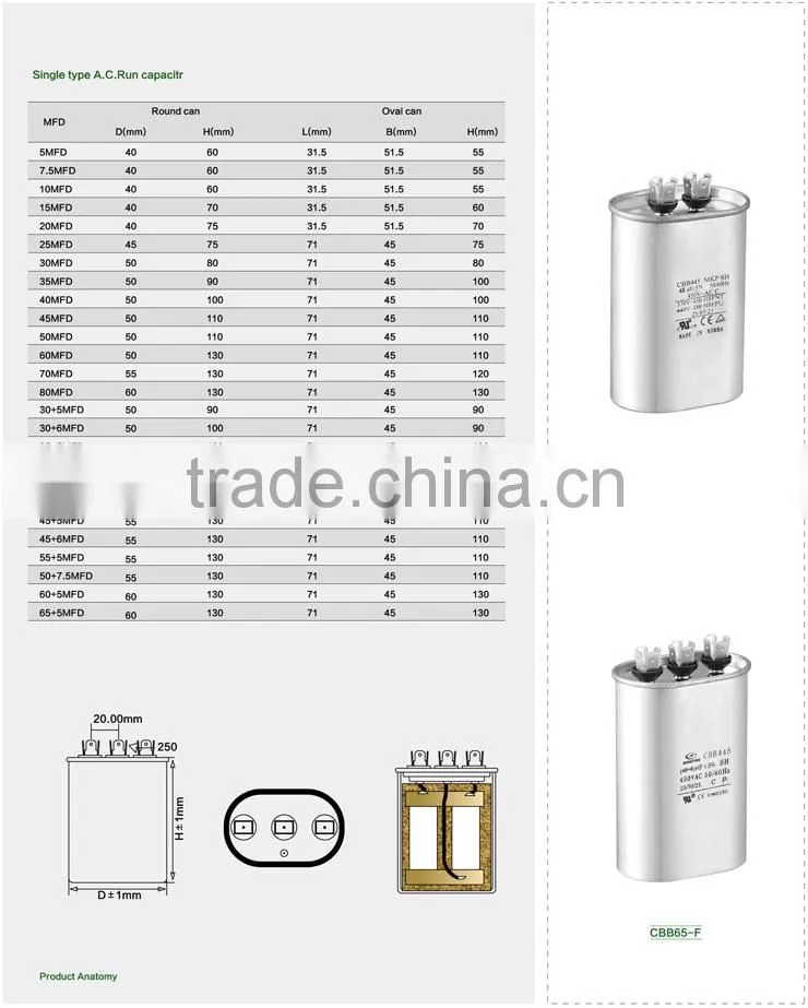 CE CQC Aluminum AC Power CBB65 100uF 450V Air conditioner capacitor