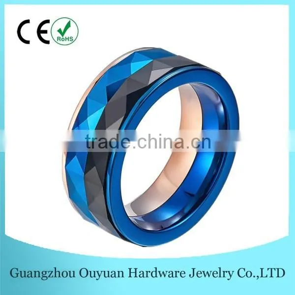 Men's Blue 316L Stainless Steel Ring, Blue Faceted Tungsten Ring, Black Faceted Tungsten Ring