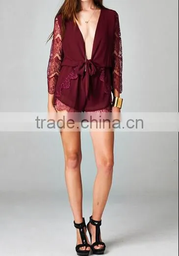 2015 new stylish sexy ladies Deep V neck open front romper playsuit lace sleeve short jumpsuit