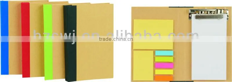 Kraft cover recycled notebook with sticky notes&flags with pinchcock 70grams 40sheets 19.5*11cm