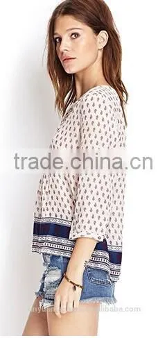 2015 hot sale Bordered Paisley Peasant paisley flower print ladies Tops