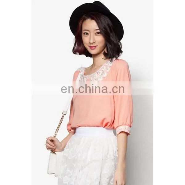 Custom Chiffon Blouse With Lace Flat Collar Half Sleeves Women Shirts and Tops