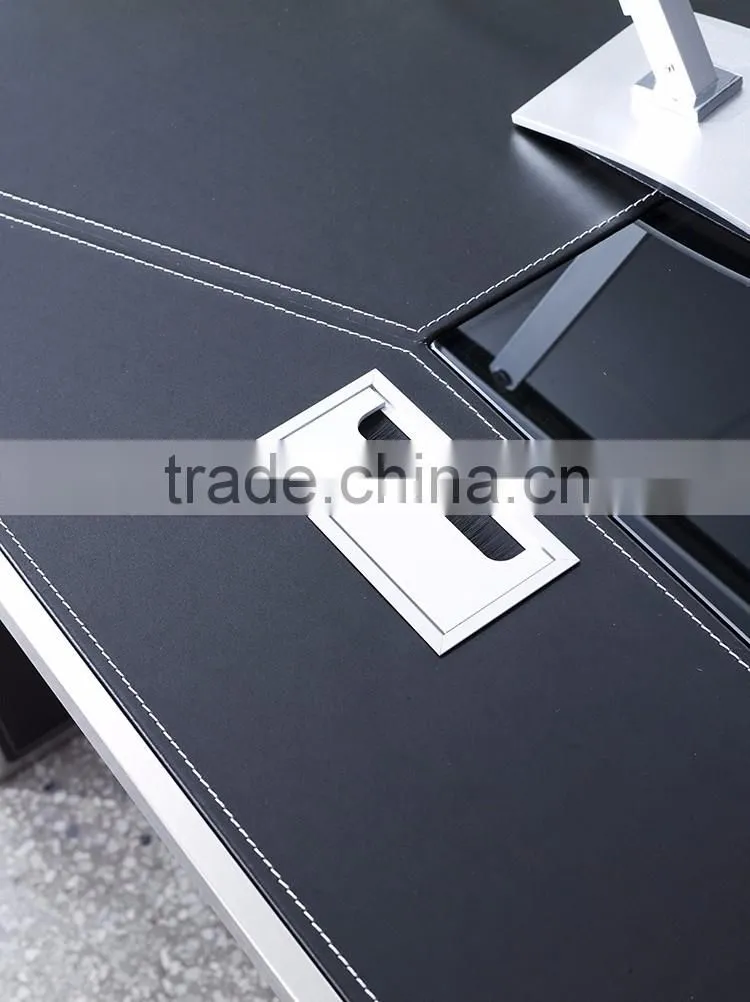 Luxury modern glass top office table design black leather veneer stainless steel frame executive office table and desk