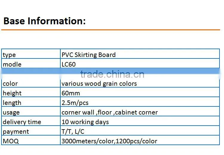 Wood Grain Surface Skirting Board PVC Kitchen Corners For Skirting