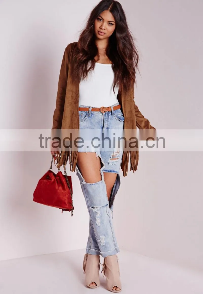 2015 Women Winter Long Sleeve Faux Suede Jacket with Fringe Hem