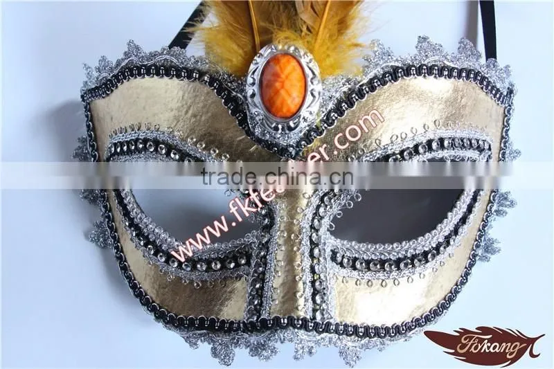 Gold Feather Mardi Gras Masquerade Birthday Party Mask With Cock Feather Mask