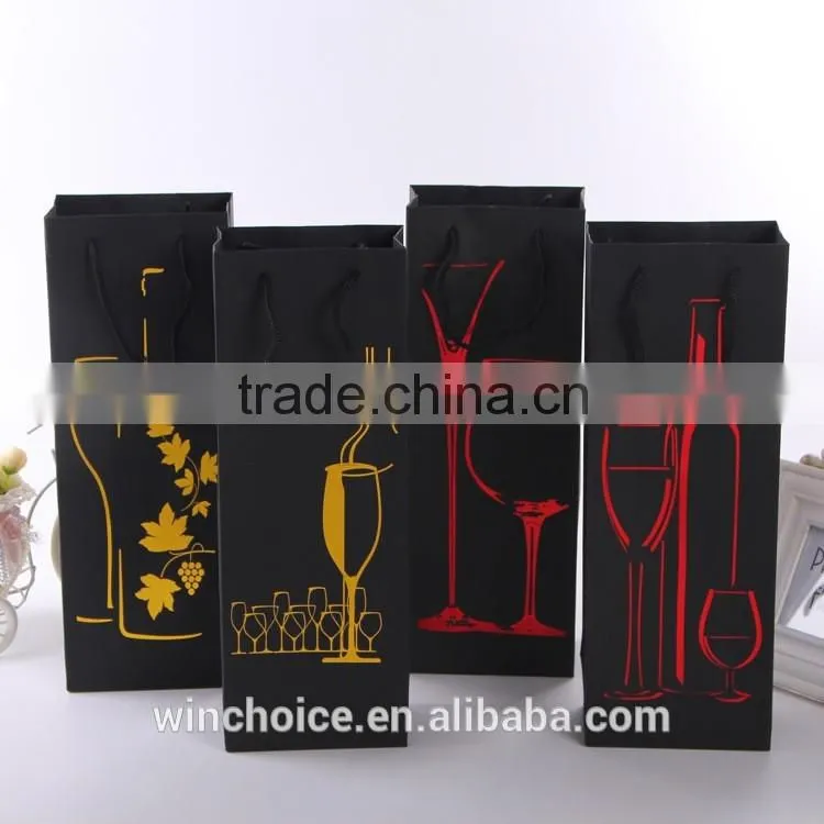 black cardboard bag ,wine bag ,promotion bag , hot silver/gold craft printing, cotton handle