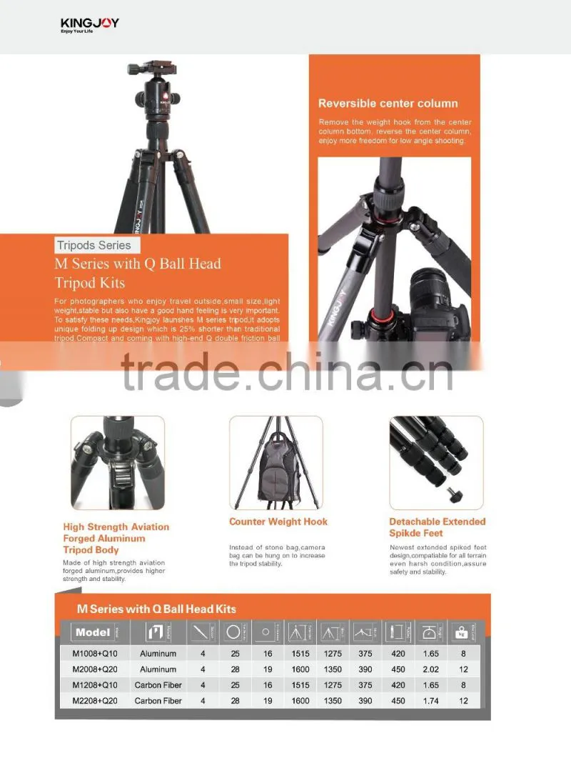 High strength dslr extendable camera tripod 12KG M2008+Q20