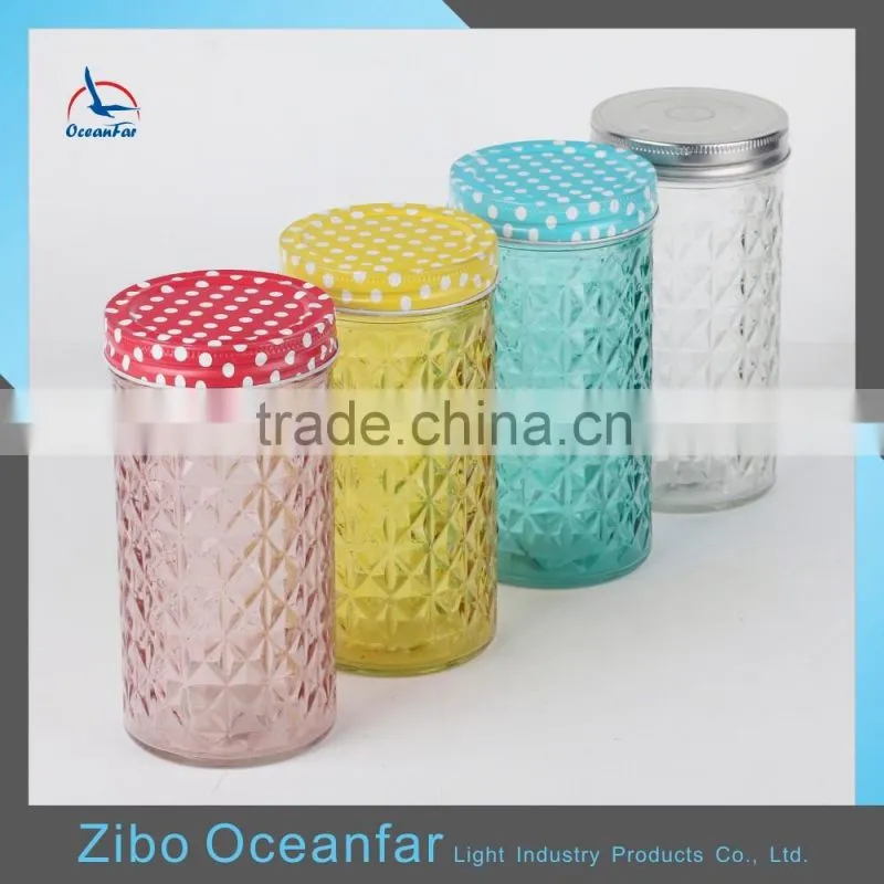 Good Quality Jars Glass Mason Storage Jar Colourful Embossed Diamond Mason Jar
