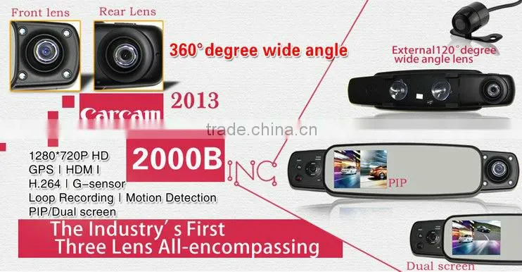 Newest 2000B HD 720P Night Vision car DVR GPS Camera Recorder Three Lens 360 Degree Wide Angle!car mirror camera