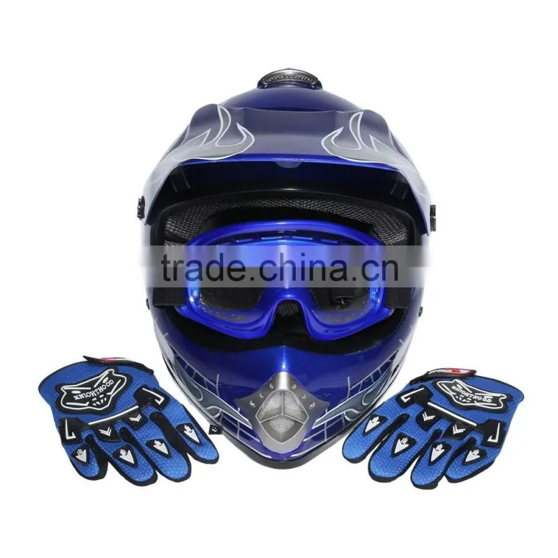 Youth Blue Skull Dirt Bike ATV Motocross Helmet Goggles+Gloves+Interphone S M L
