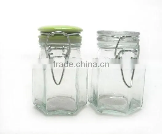 kitchen utensils mini hexagon glass cruet bottle with metal latch top lid