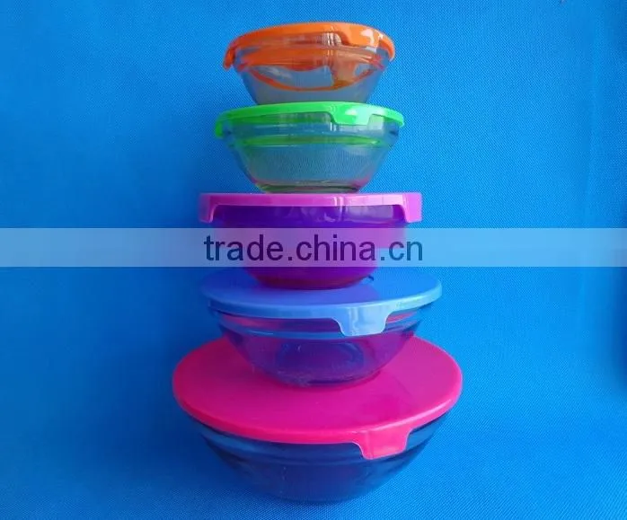 different color lids glass bowl set for wholesale