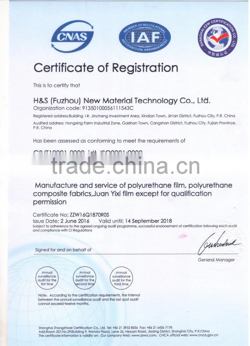 Waterproof TPU tape for tent/rainwear/jacket
