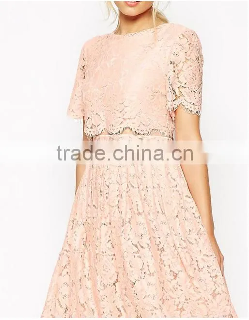 China Guangzhou clothing OEM Scalloped edges Round neckline Crop top Mesh insert Midi women dress