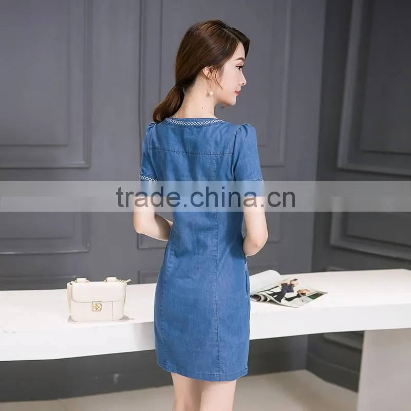 Lastest design oem spring blue v-neck short sleeve denim wash double shirt ladies dresses