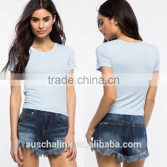 OEM service women cheap ribbed knit plain slim fit t shirt