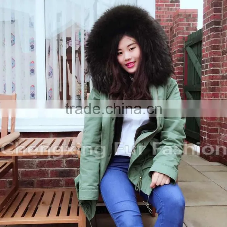 CX-G-P-07B Real Rex Rabbit Lining Raccoon Fur Collar Wholesale Winter Fur Parka
