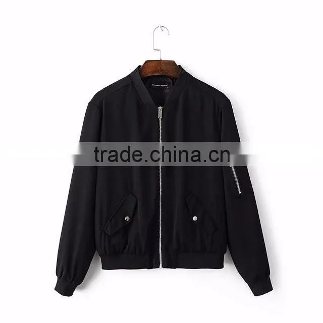 American Apparel Bomber Jacket Two Side Pockets Short Thin Side Zipper Sleeve Coat V-Neck Outerwear