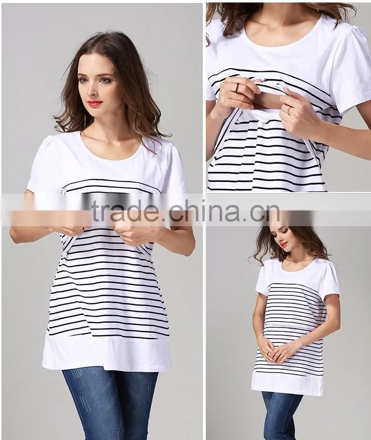 Convenience breastfeeding T-shirts black and white strips single maternity tops