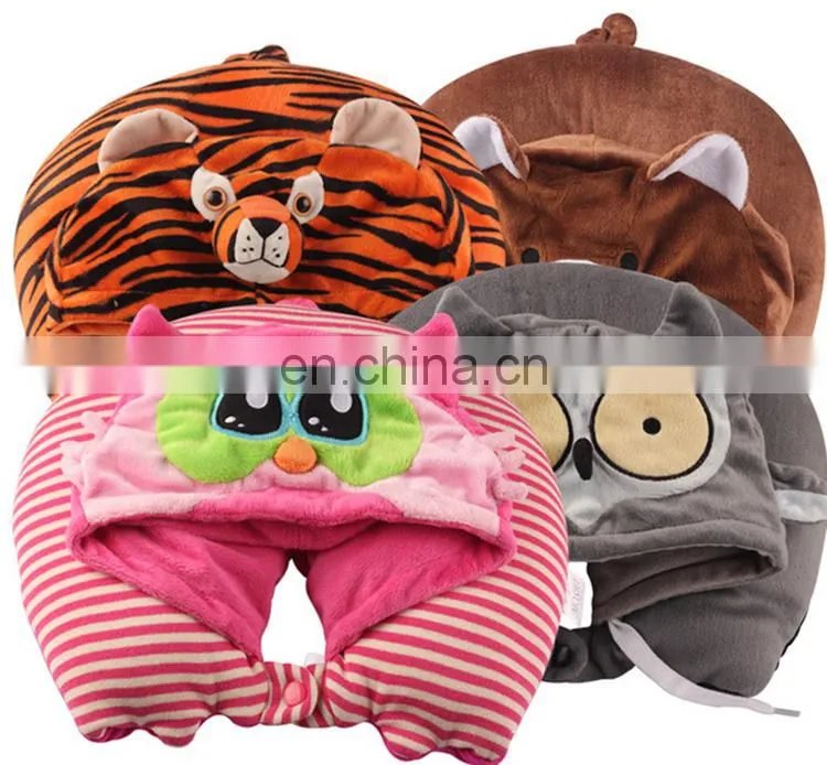 Various u cushion promotion u shaped neck pillow with hat custom cute soft plush animal design rest travel neck pillow