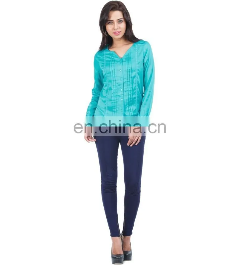 Green Top With Pin Tuck Detailing for ledies printed three quarter sleeve blouse in chiffon with lace collar See larger image