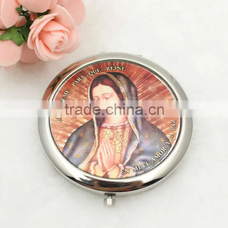 Religious metal round pocket mirror