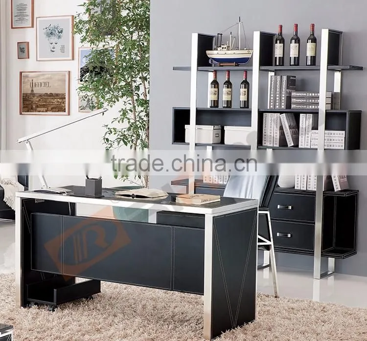 Luxury modern glass top office table design black leather veneer stainless steel frame executive office table and desk